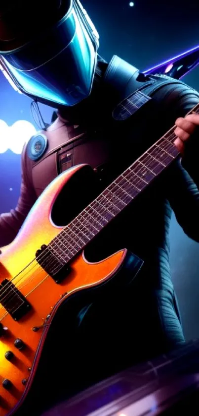 Futuristic musician playing guitar in space-themed digital art.