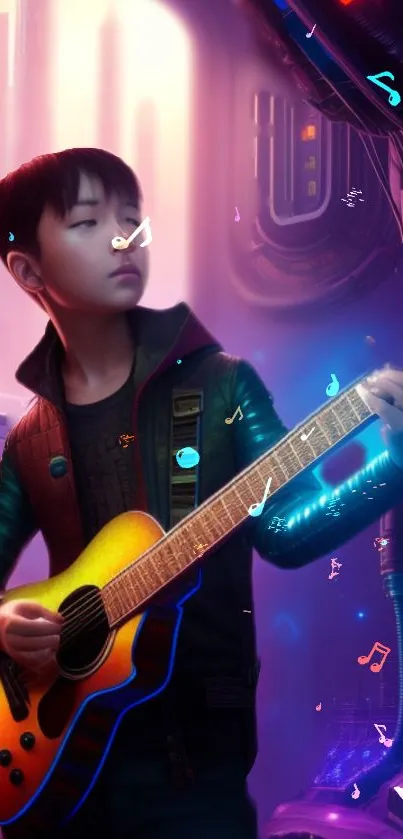 Young musician playing guitar in a neon-lit futuristic setting.