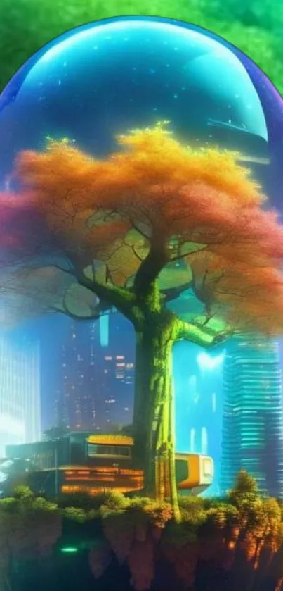 Futuristic landscape with tree in a glass capsule and urban city skyline.