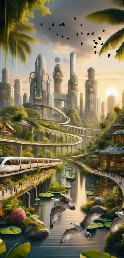 Futuristic city with lush greenery and train.