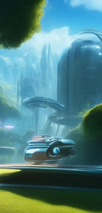 Futuristic cityscape with nature elements on mobile wallpaper.