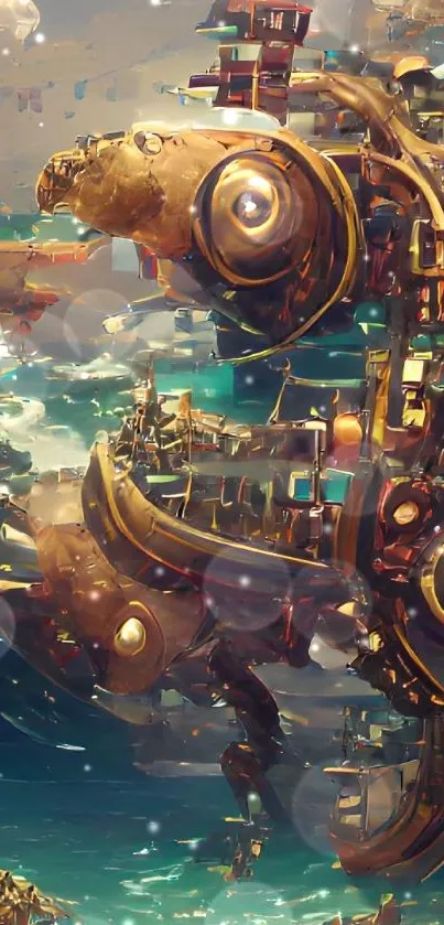 Steampunk cityscape with mechanical details and nautical elements in vibrant colors.