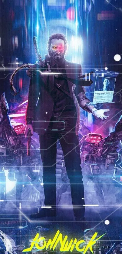 Futuristic neon wallpaper with robotic dogs and a central figure.