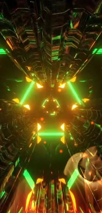 Futuristic neon abstract art with green and orange geometric patterns.