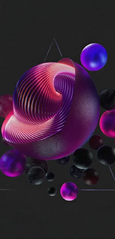 Futuristic neon abstract with vibrant spheres on dark background.