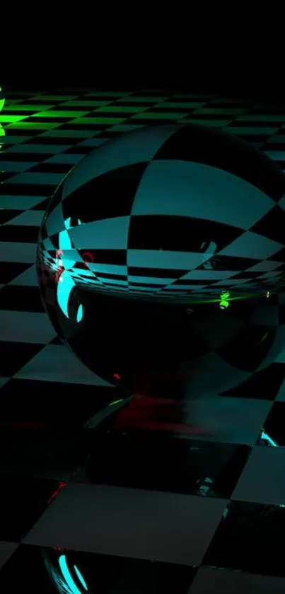 Futuristic checkered neon wallpaper with glass sphere.