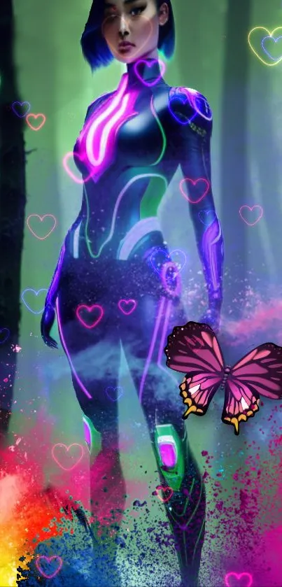Futuristic neon figure surrounded by colorful hearts and butterfly in a mystical forest.
