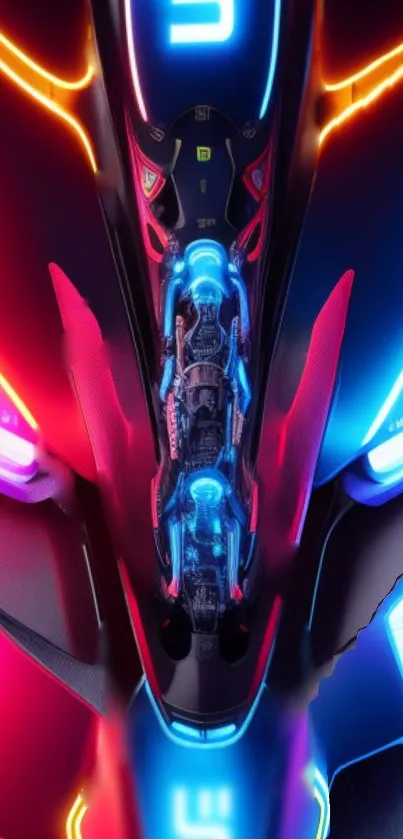 Futuristic neon AI design with electric blue and red hues.