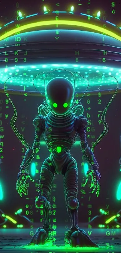 Futuristic neon alien artwork with glowing elements on a sci-fi themed background.