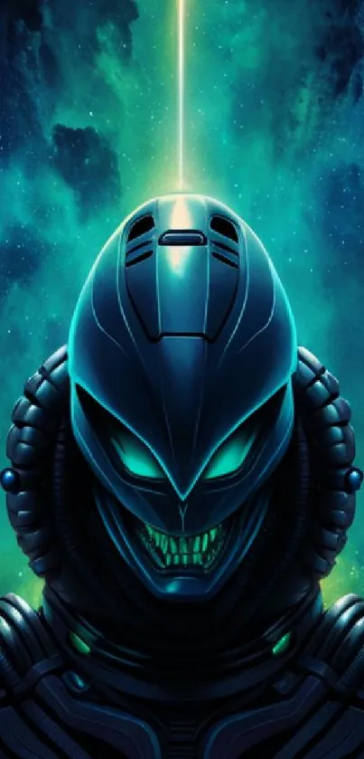 Futuristic neon alien with glowing background.