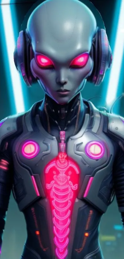 Futuristic alien with neon design, perfect for tech-themed mobile wallpaper.