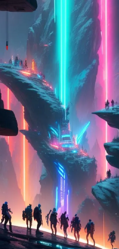 Futuristic neon landscape with alien figures and glowing beams.