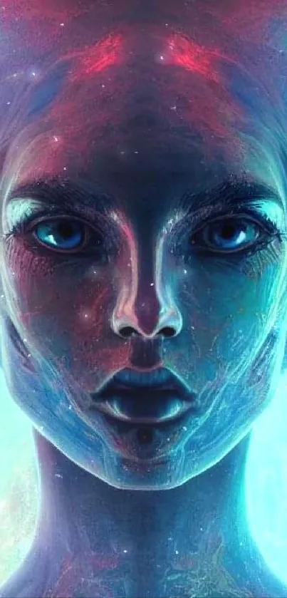 Futuristic neon alien portrait with vibrant cyan and pink details.