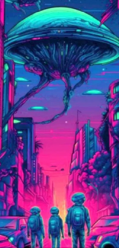 Neon cityscape with alien spaceship and three astronauts.