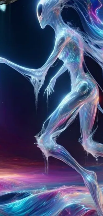 Ethereal alien figure in colorful light display.