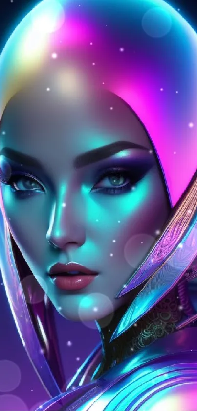 Futuristic neon android art with vibrant colors and sci-fi elements.