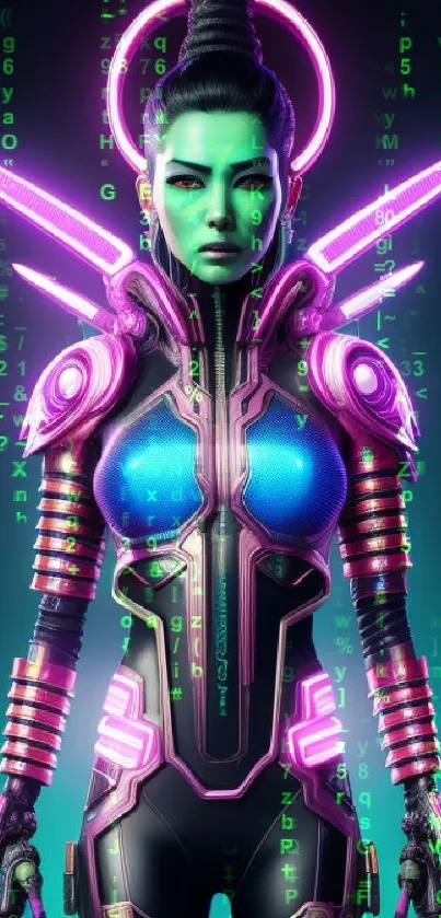 Futuristic android with neon lights against dark background, perfect for sci-fi fans.