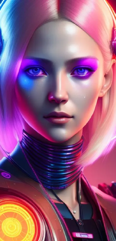 Futuristic android with neon lights and vibrant colors.