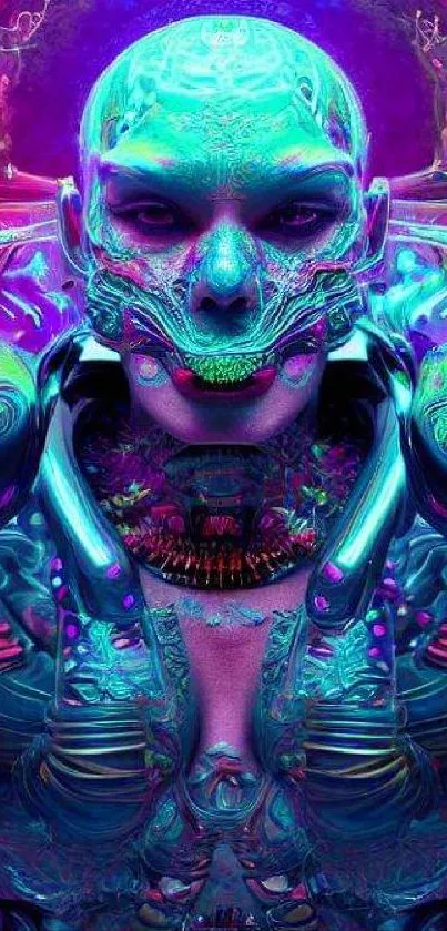 Futuristic neon android with intricate details in vibrant colors.