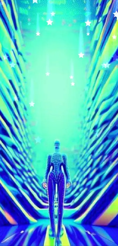 Futuristic android in a neon corridor with vibrant colors.