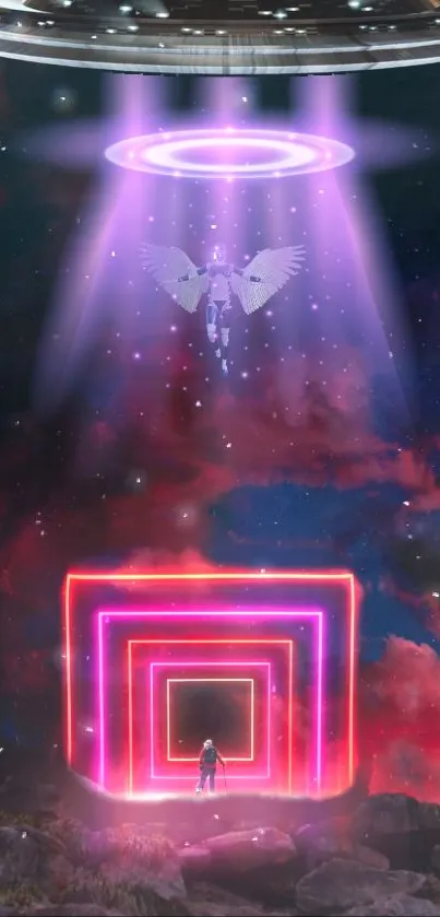 Futuristic neon angel in cosmic scene wallpaper.