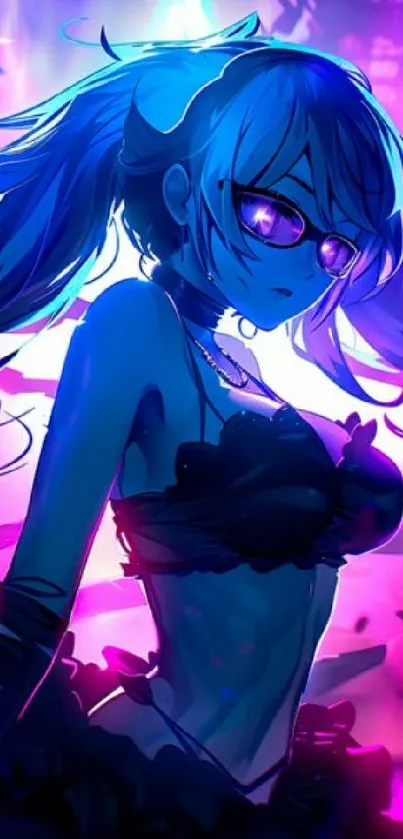 Futuristic anime girl in neon blue and purple hues on a striking mobile wallpaper.