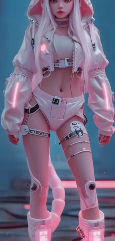 Futuristic anime girl in neon cyberpunk style with pink lighting.
