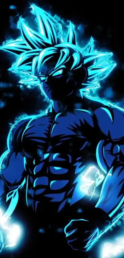 Neon anime character with blue glowing aura in futuristic style.