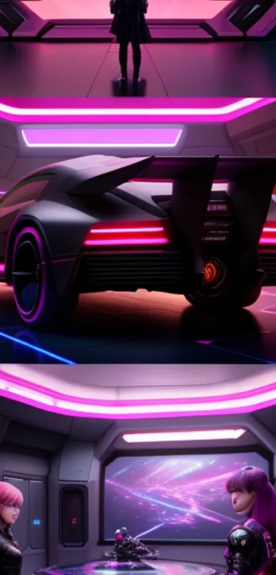 Futuristic neon anime wallpaper with car and characters.