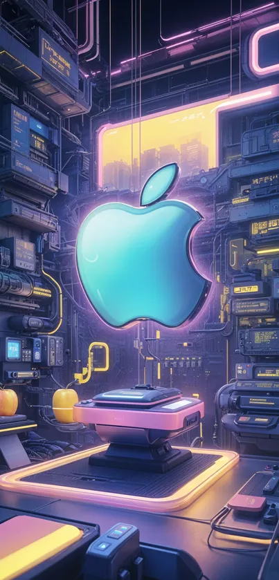 Futuristic neon artwork featuring a glowing apple logo in a high-tech setting.