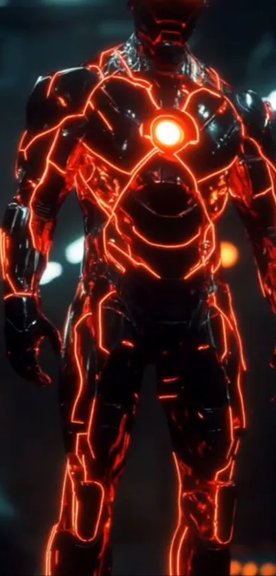 Futuristic armored figure with neon glow.