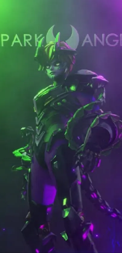 Futuristic neon green and purple armored character with glowing accents.