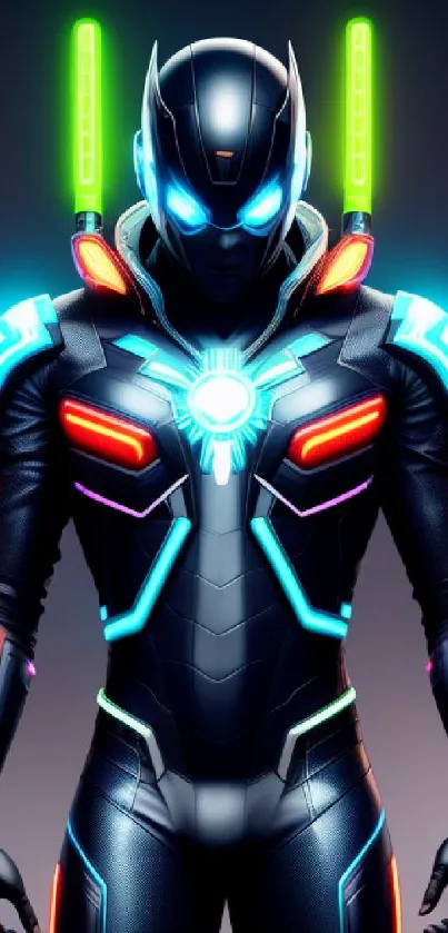 Futuristic figure in neon armor on a mobile wallpaper background.