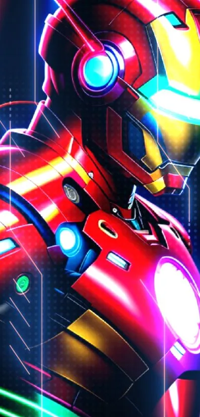 Vibrant neon-lit futuristic armored figure on a red background.