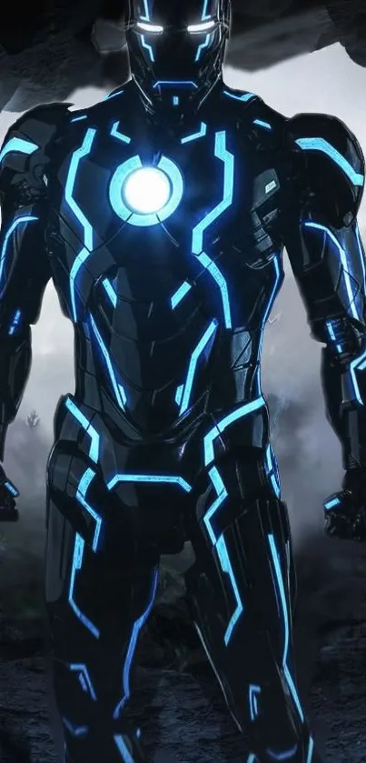 Futuristic neon armor glowing in dark tunnel.