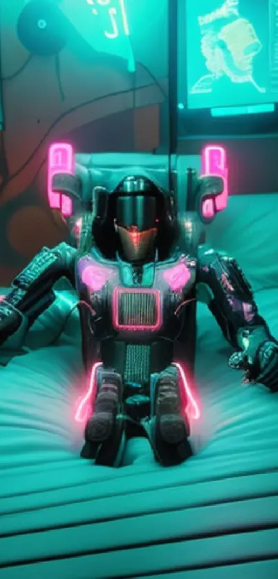 Futuristic armor with neon lights on bed.