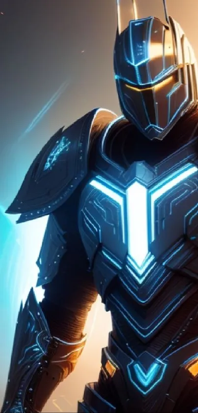 Futuristic neon-armored warrior in striking blue glow.