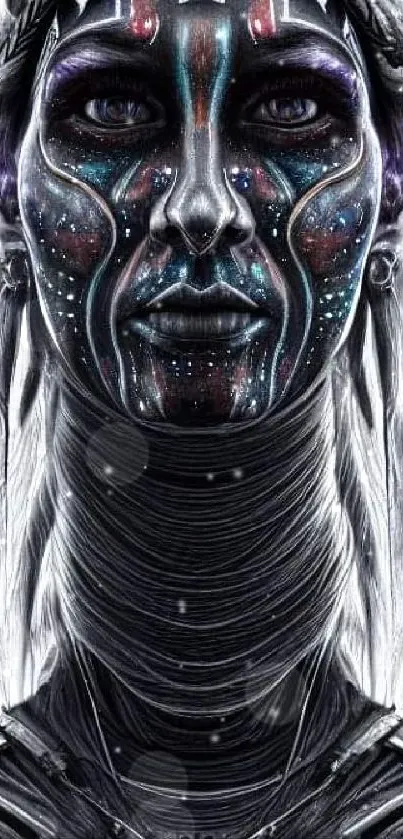 Futuristic face with neon tribal patterns, cosmic theme.