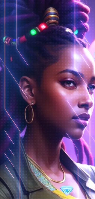 Portrait of a woman with neon braids and vibrant colors in a futuristic style.