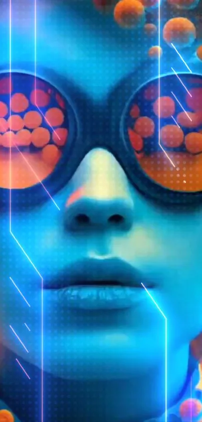 Futuristic neon art portrait with blue and orange hues.