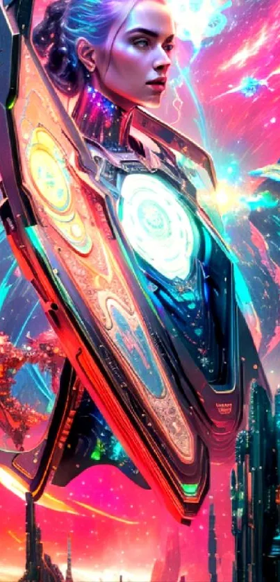 Futuristic neon art with cyber character in sci-fi cityscape.