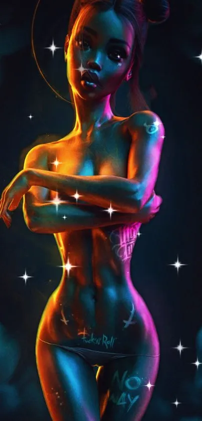 Futuristic neon-themed wallpaper with a stylized female figure and glowing stars.