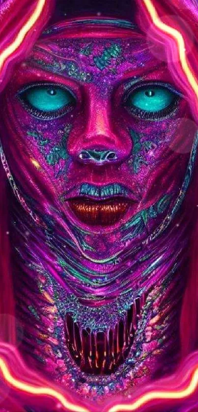 Futuristic neon art featuring a cyborg face.