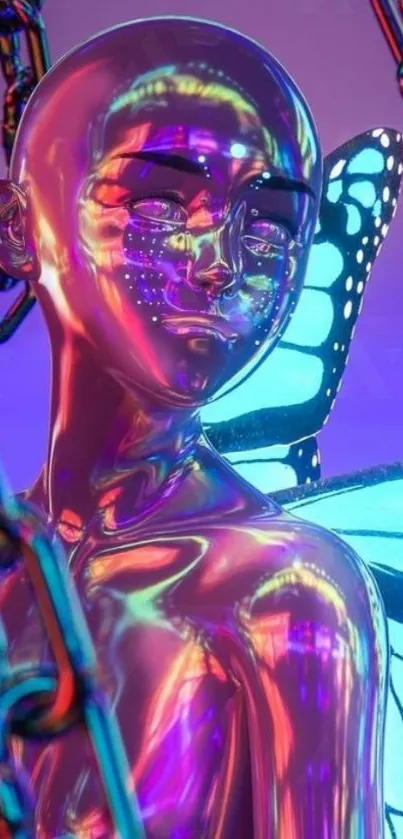 Futuristic figure with neon colors and butterfly wings.