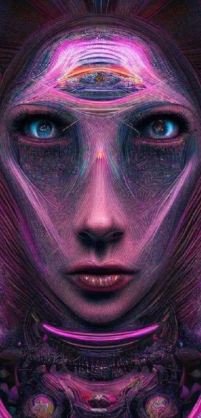 Futuristic cybernetic face in neon colors, perfect for mobile wallpaper.