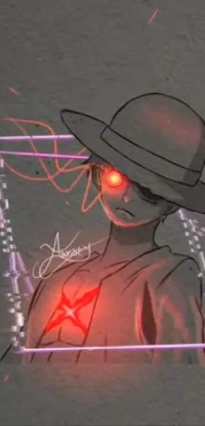 Futuristic character with neon red eyes and glow.