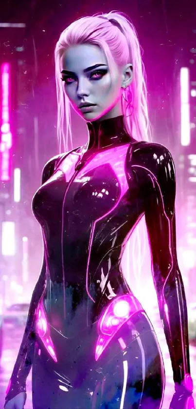 Futuristic neon character in vibrant cityscape