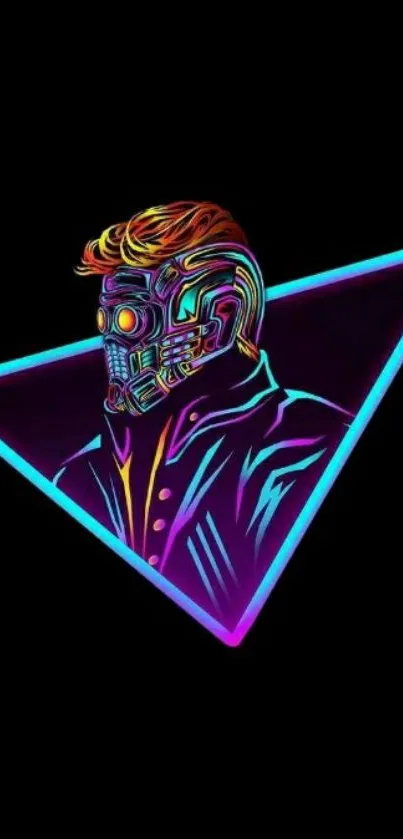 Futuristic neon artwork with a retro-futuristic character in a triangular design.