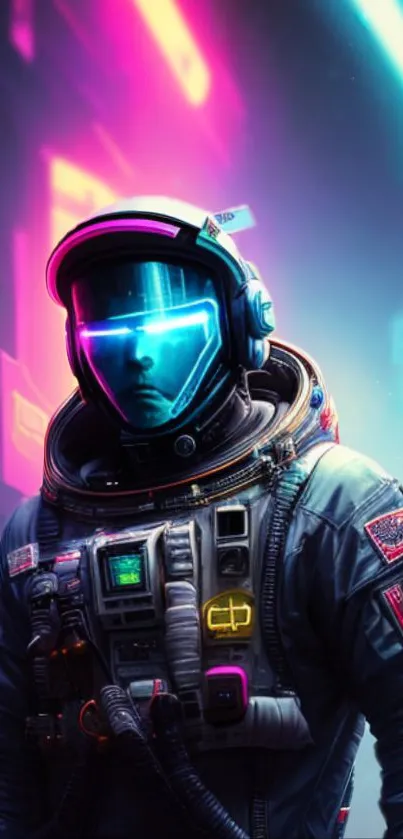 Neon-lit astronaut in a futuristic suit set against a cosmic backdrop.