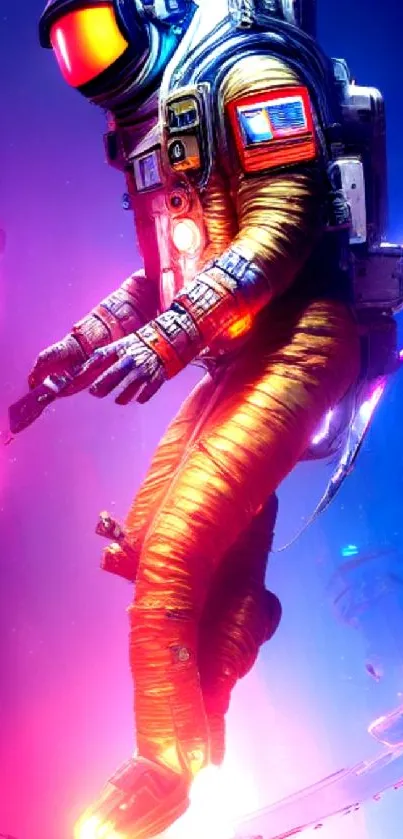 Neon astronaut in space with vibrant colors.